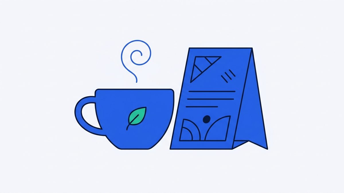a coffee cup and a printed table stand