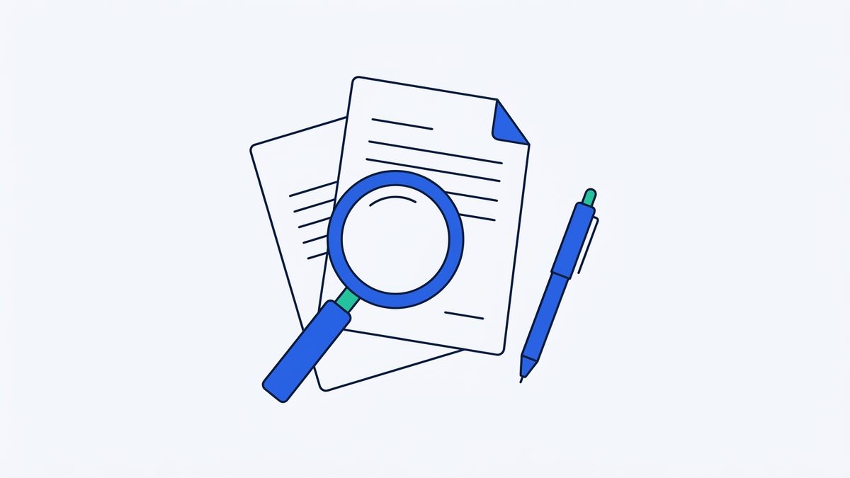 two sheets of paper, a magnifying glass, and a pen