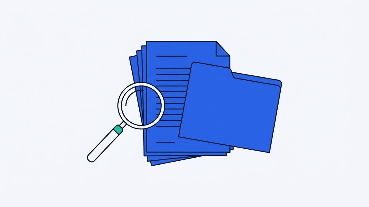a stack of official paper documents, a magnifying glass, and a plain folder