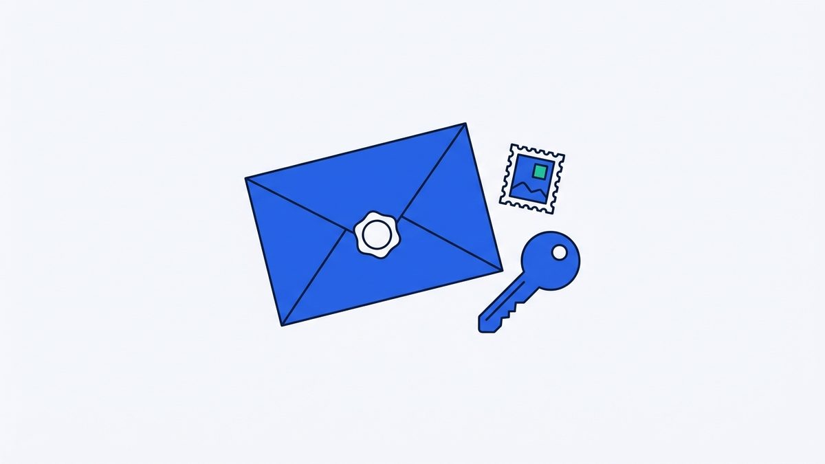 a sealed paper envelope, a stamp, and a key