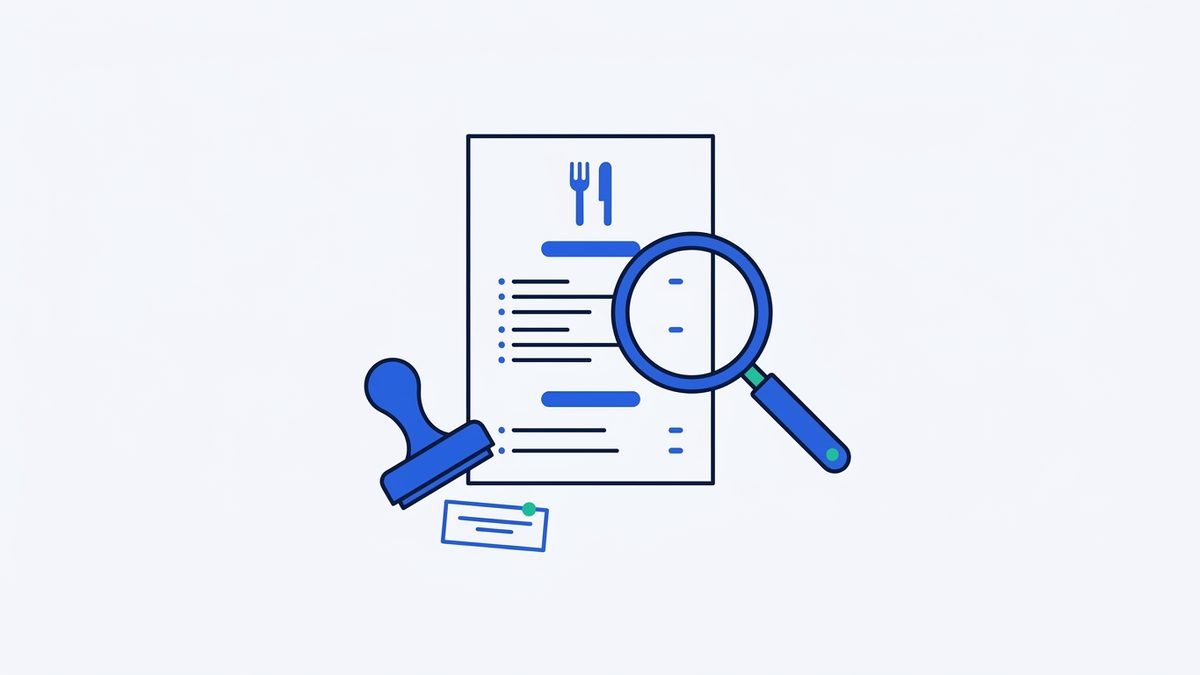 a printed menu card, a magnifying glass, and a stamp