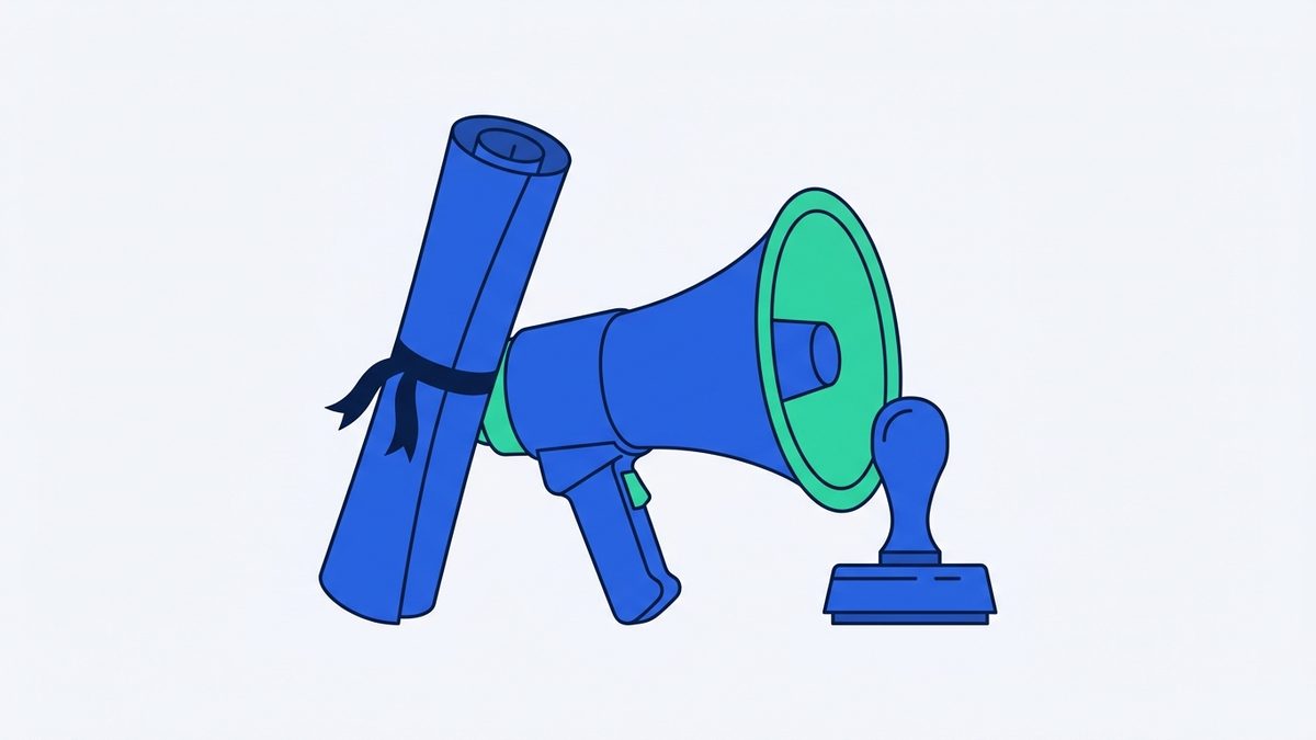 a rolled poster, a megaphone, and a stamp