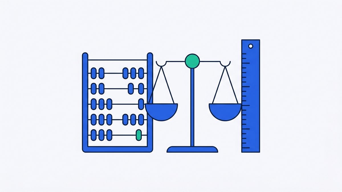 an abacus, a balance scale, and a ruler