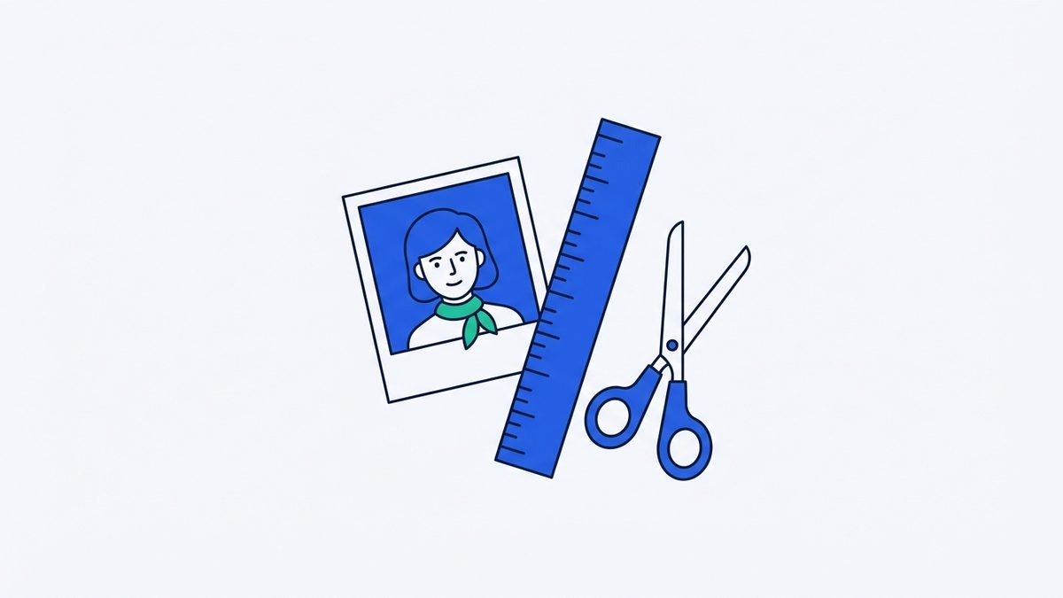 a small printed portrait photo, a ruler, and a pair of scissors