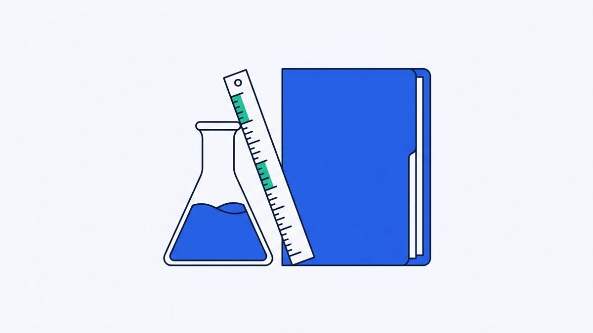 a laboratory beaker, a ruler, and a report folder