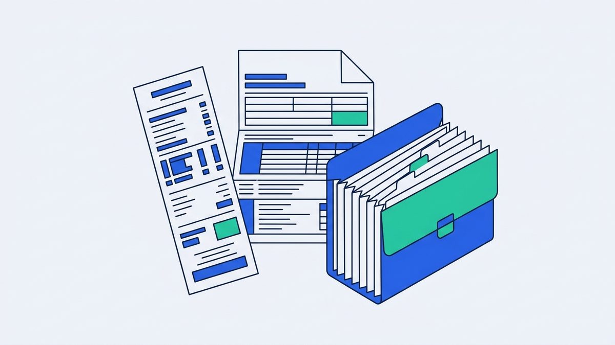 a receipt, a tax form, and an accordion file folder