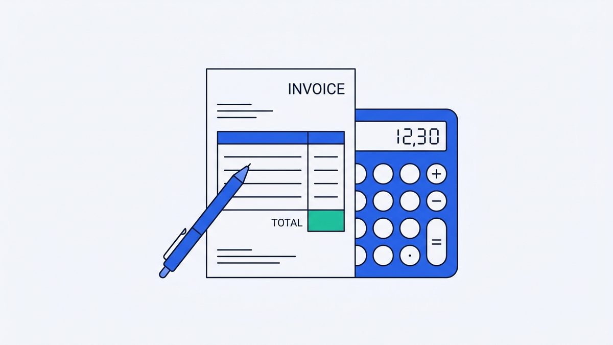 a printed invoice, a calculator, and a pen