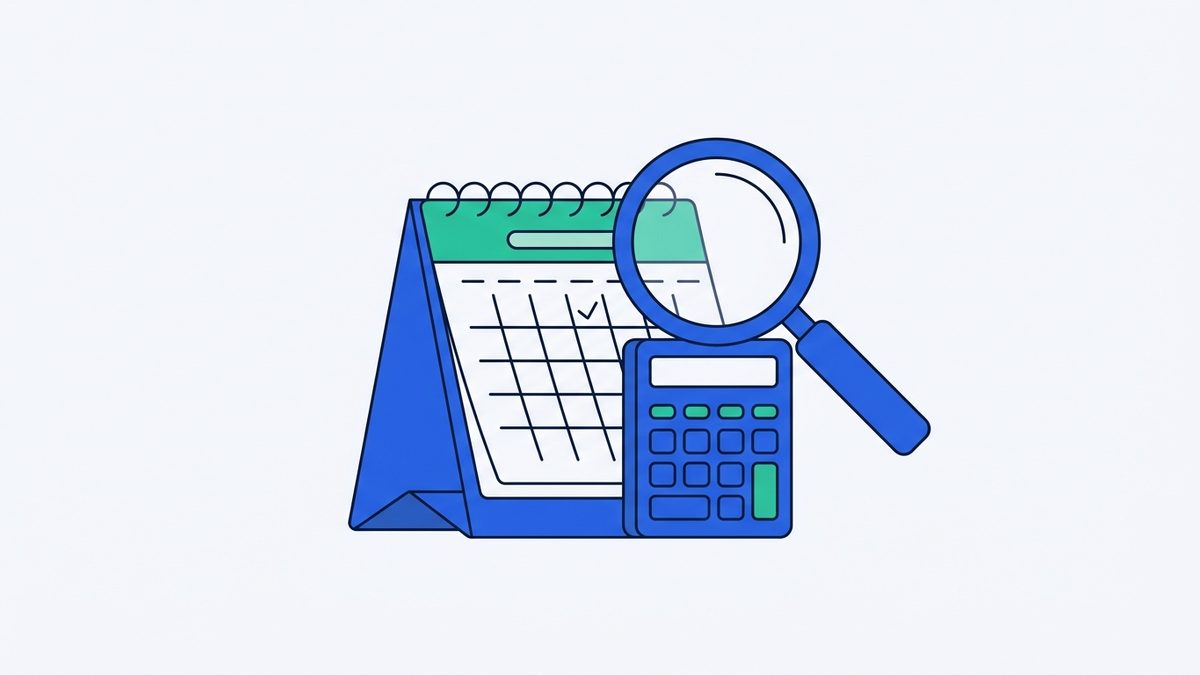 a desktop calendar, a pocket calculator, and a magnifying glass